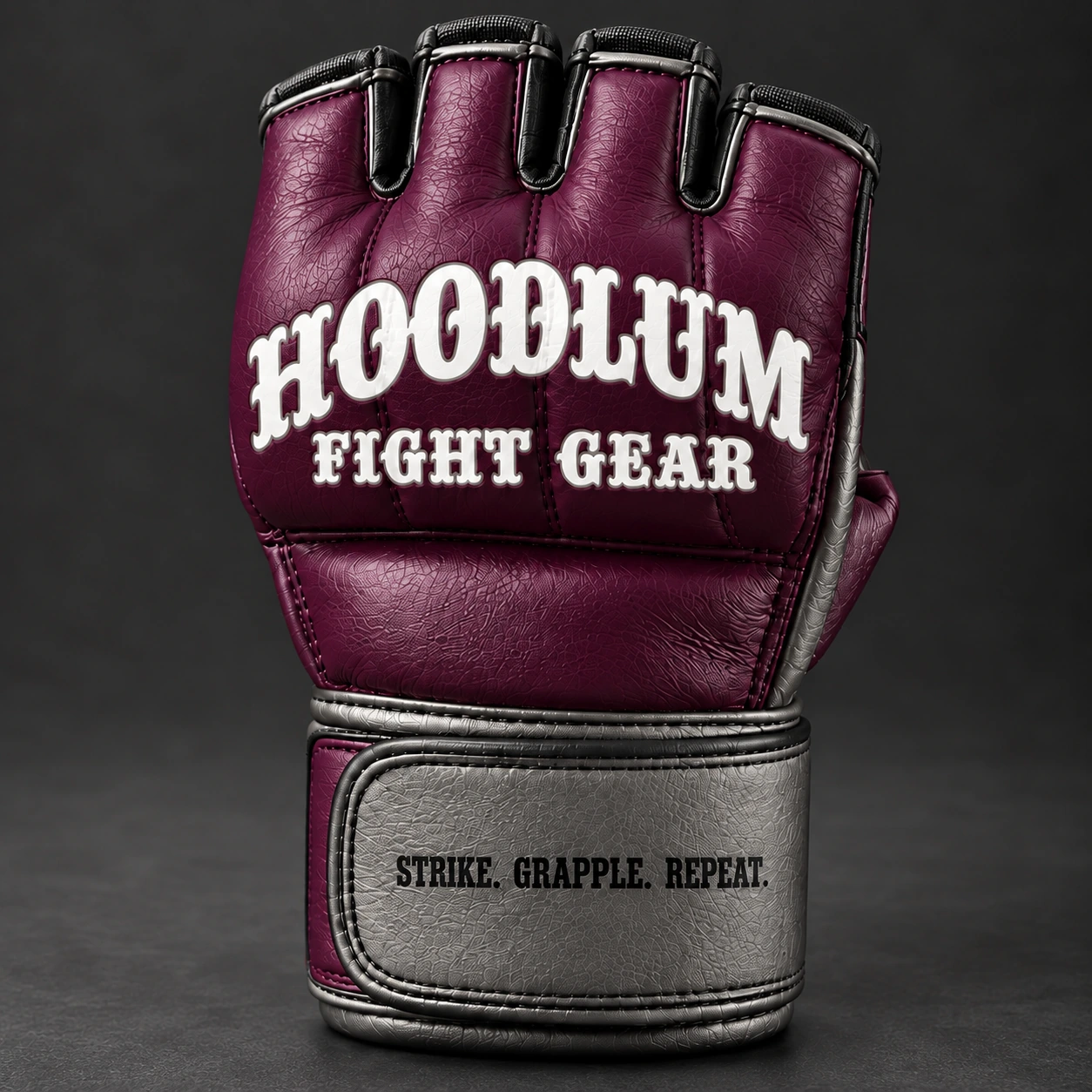 Crimson MMA Gloves — Plum / Pewter — Branding detail (AI demo concept)