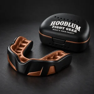 Crimson Mouthguard — Black / Copper — Three-quarter view (AI demo concept)