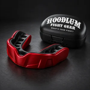 Crimson Mouthguard — Three-quarter view (AI demo concept)