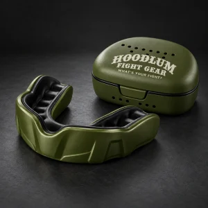 Crimson Mouthguard — Olive / Carbon — Three-quarter view (AI demo concept)
