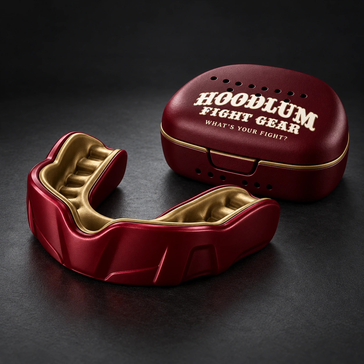 Crimson Mouthguard — Oxblood / Brass — Three-quarter view (AI demo concept)
