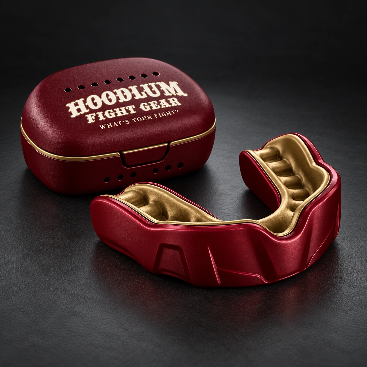 Crimson Mouthguard — Oxblood / Brass — Opposite-side view (AI demo concept)
