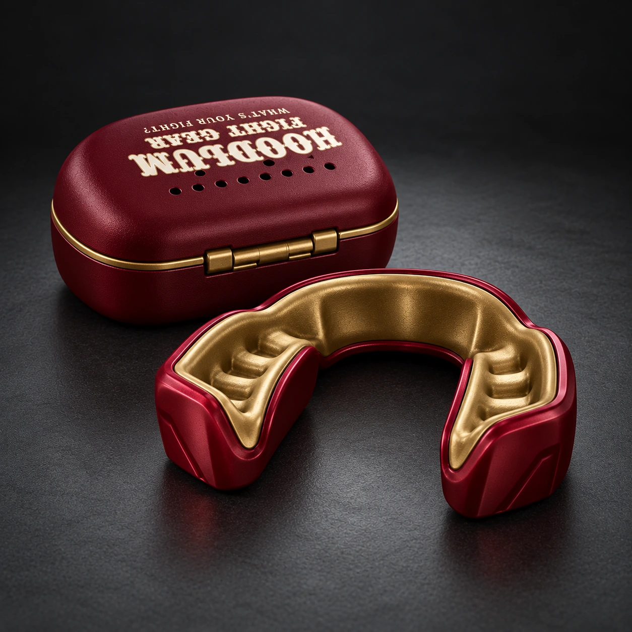 Crimson Mouthguard — Oxblood / Brass — Rear view (AI demo concept)