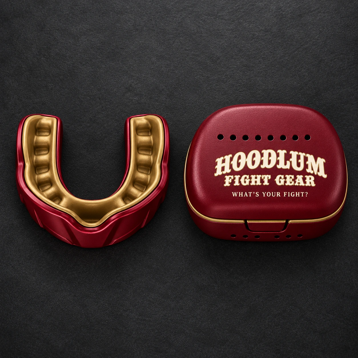 Crimson Mouthguard — Oxblood / Brass — Top view (AI demo concept)
