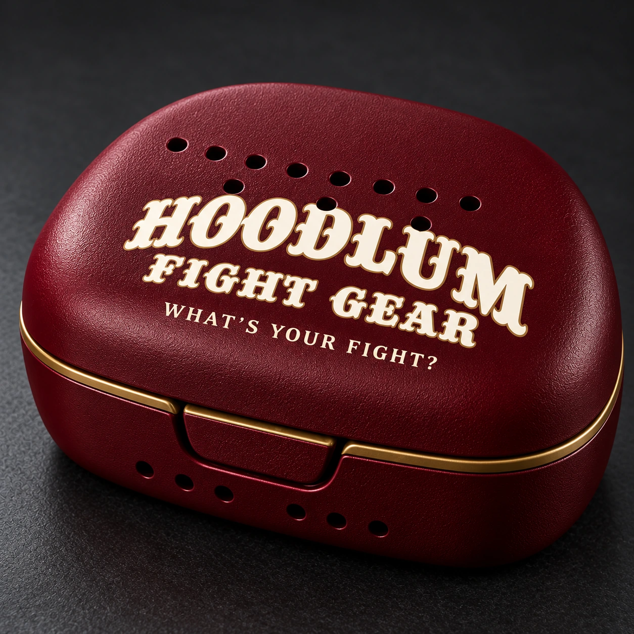 Crimson Mouthguard — Oxblood / Brass — Branding detail (AI demo concept)