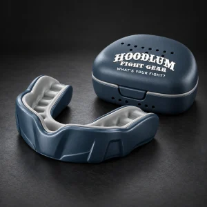 Crimson Mouthguard — Slate / Glacier — Three-quarter view (AI demo concept)