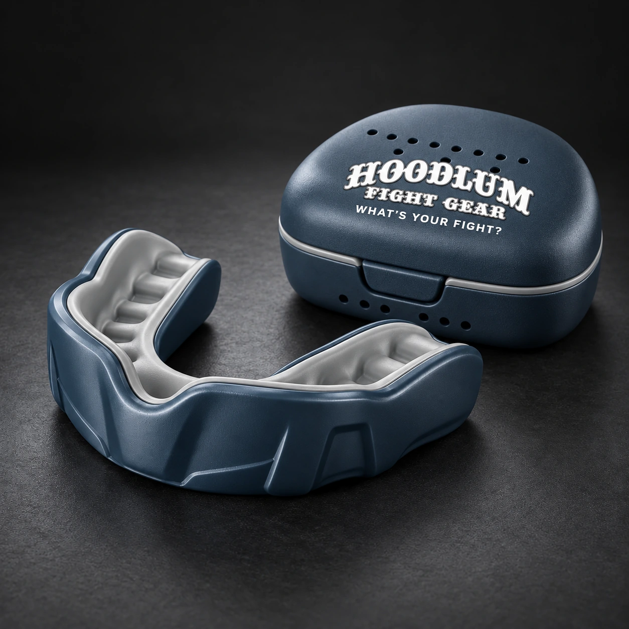 Crimson Mouthguard — Slate / Glacier — Three-quarter view (AI demo concept)