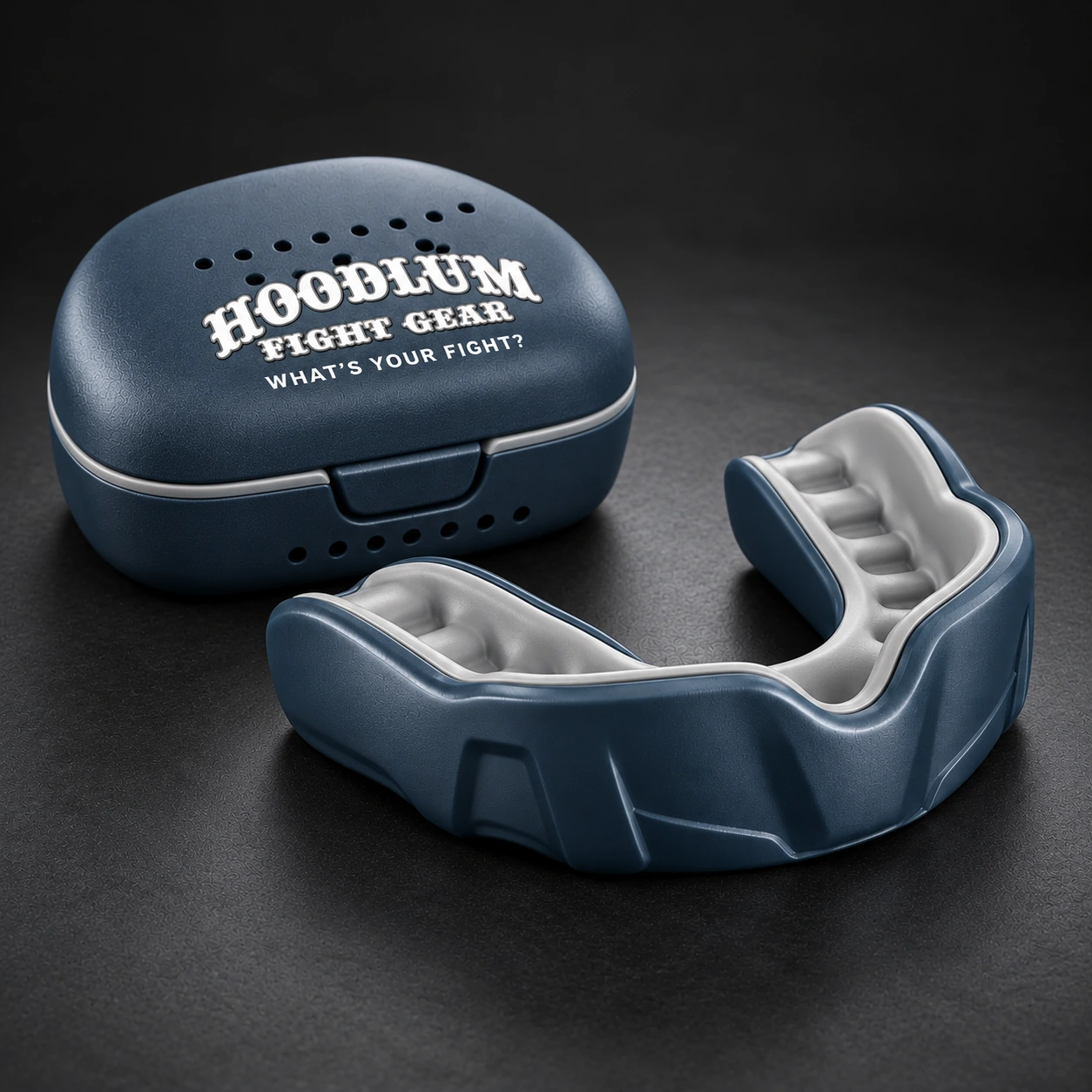 Crimson Mouthguard — Slate / Glacier — Opposite-side view (AI demo concept)