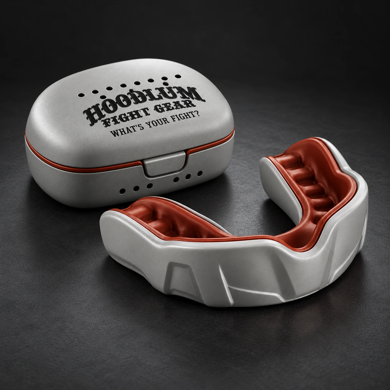 Crimson Mouthguard — Stone / Rust — Opposite-side view (AI demo concept)