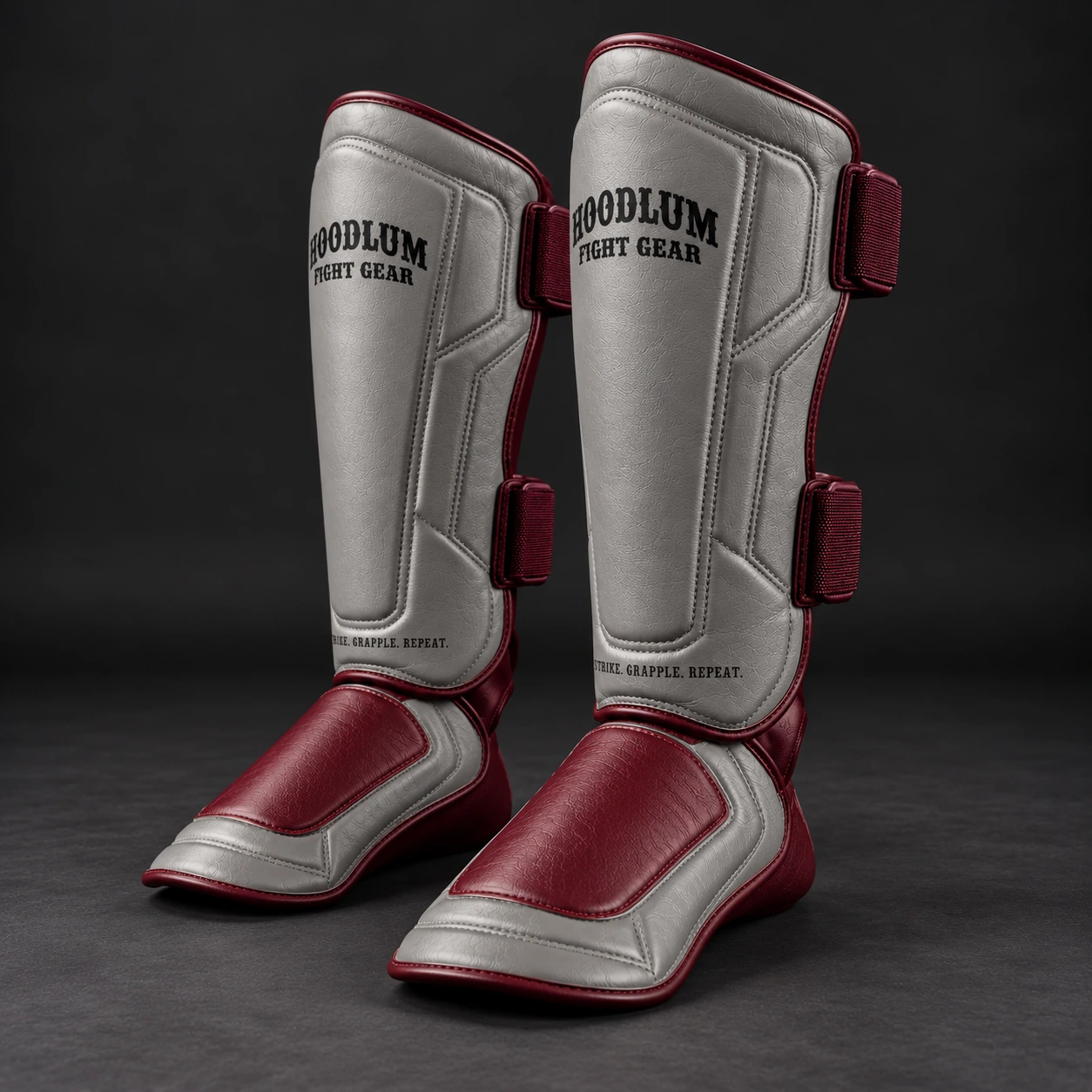 Crimson Shin Guards — Ash / Burgundy — Opposite-side view (AI demo concept)