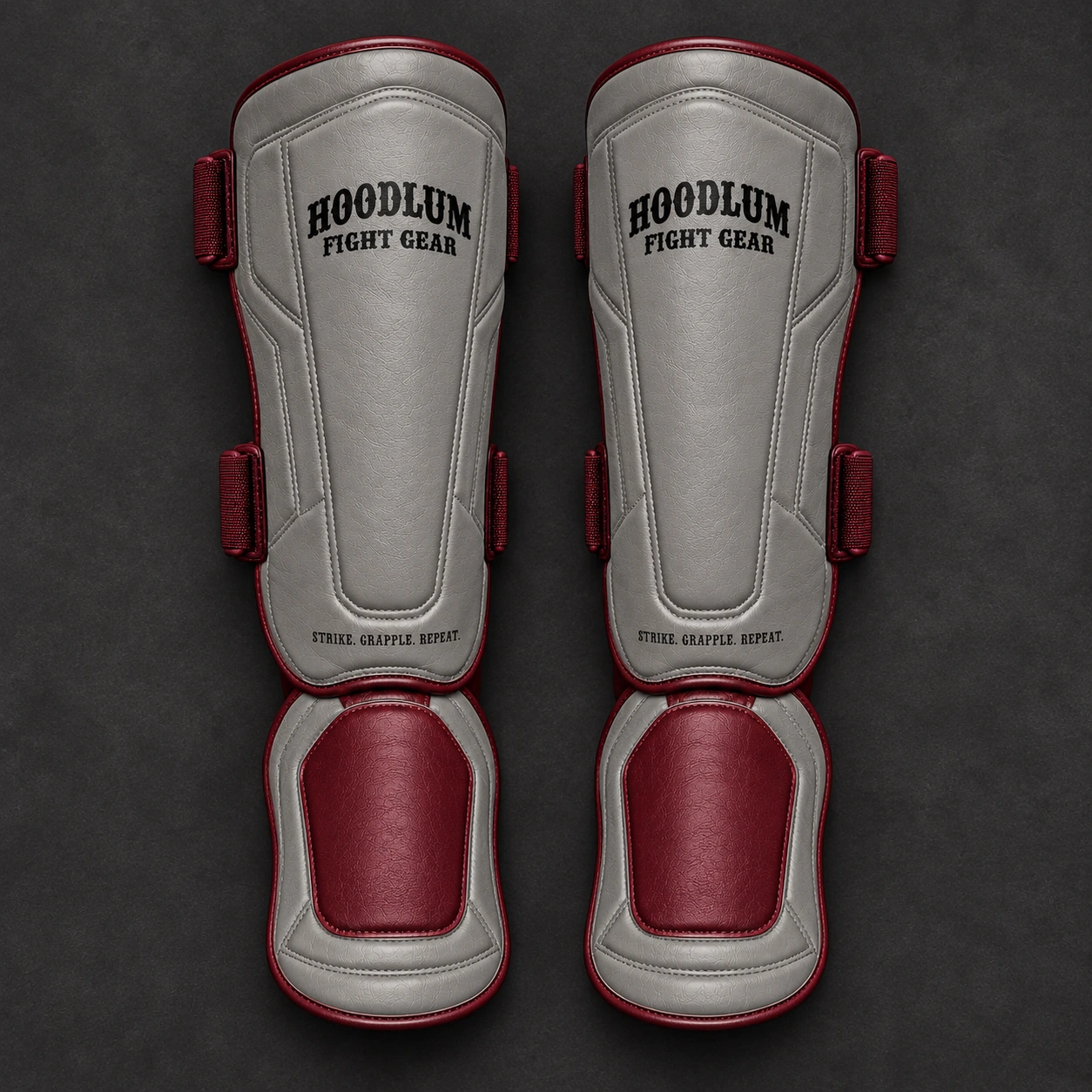 Crimson Shin Guards — Ash / Burgundy — Top view (AI demo concept)