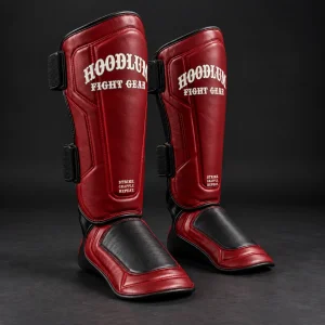 Crimson Shin Guards — Three-quarter view (AI demo concept)