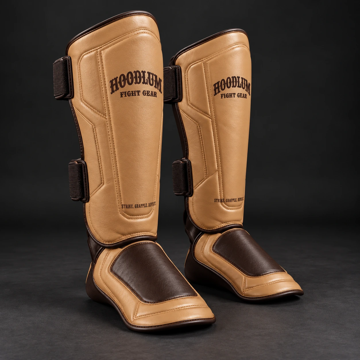 Crimson Shin Guards — Camel / Espresso — Three-quarter view (AI demo concept)