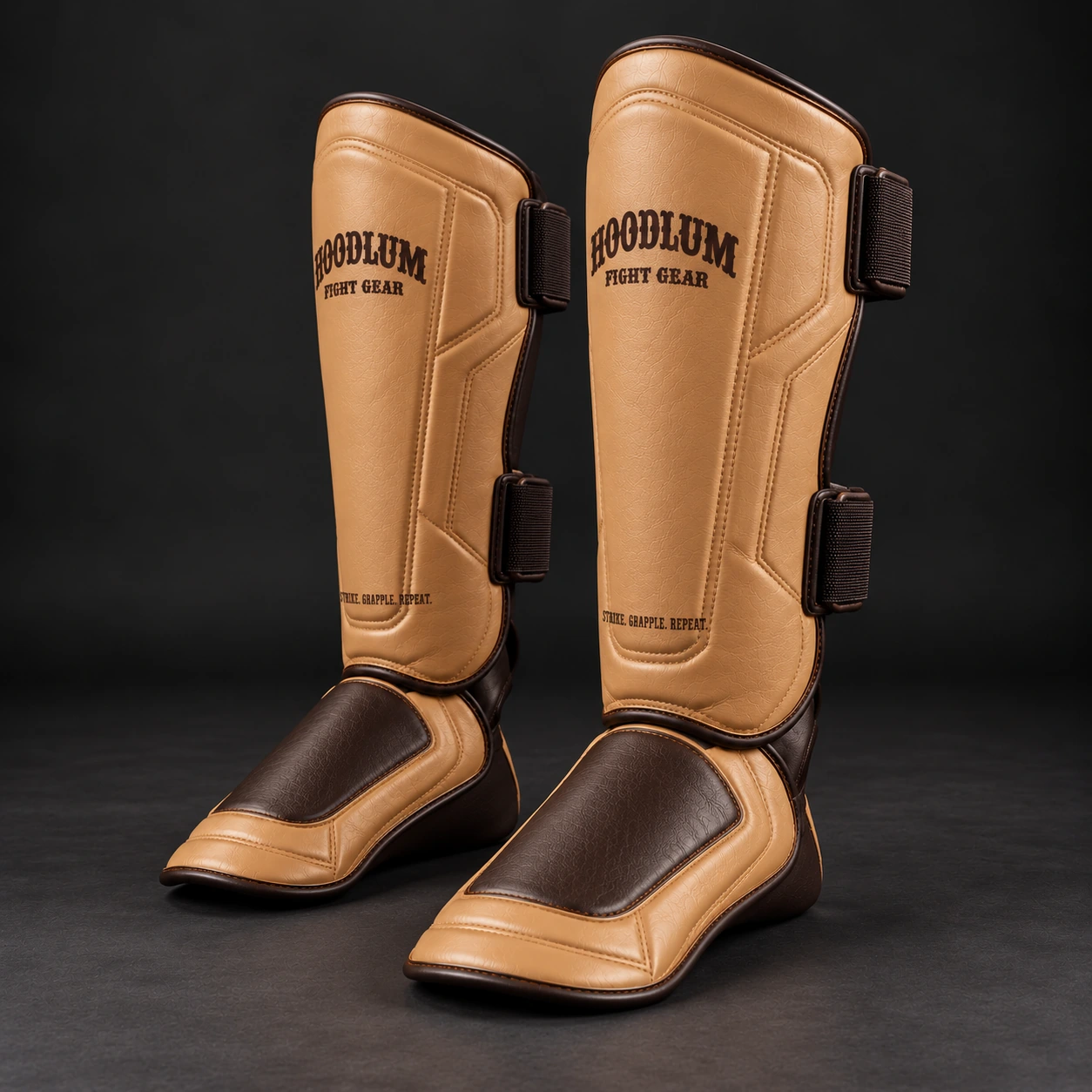Crimson Shin Guards — Camel / Espresso — Opposite-side view (AI demo concept)