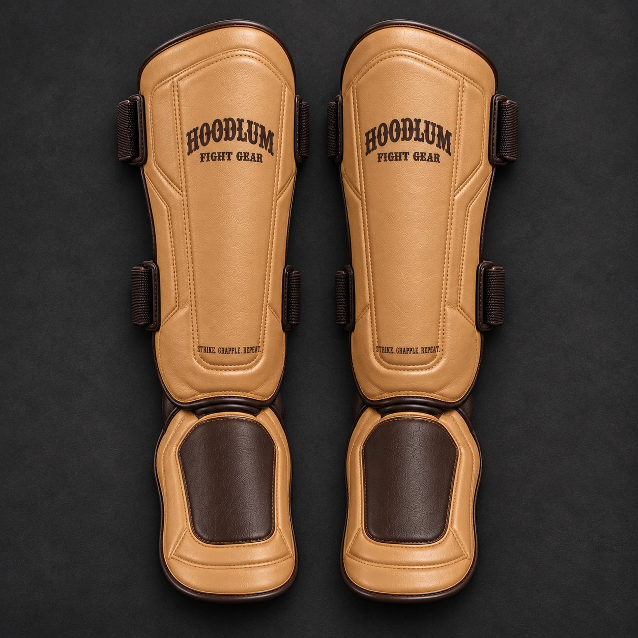 Crimson Shin Guards — Camel / Espresso — Top view (AI demo concept)