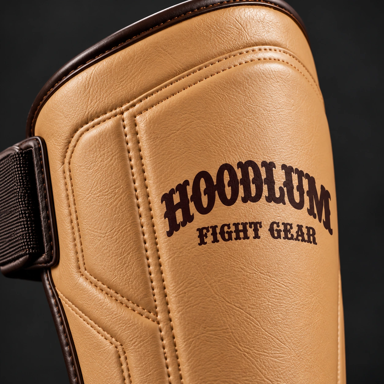 Crimson Shin Guards — Camel / Espresso — Branding detail (AI demo concept)
