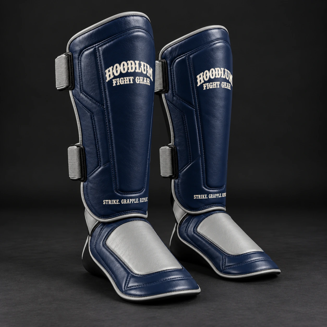Crimson Shin Guards — Midnight / Ice — Three-quarter view (AI demo concept)