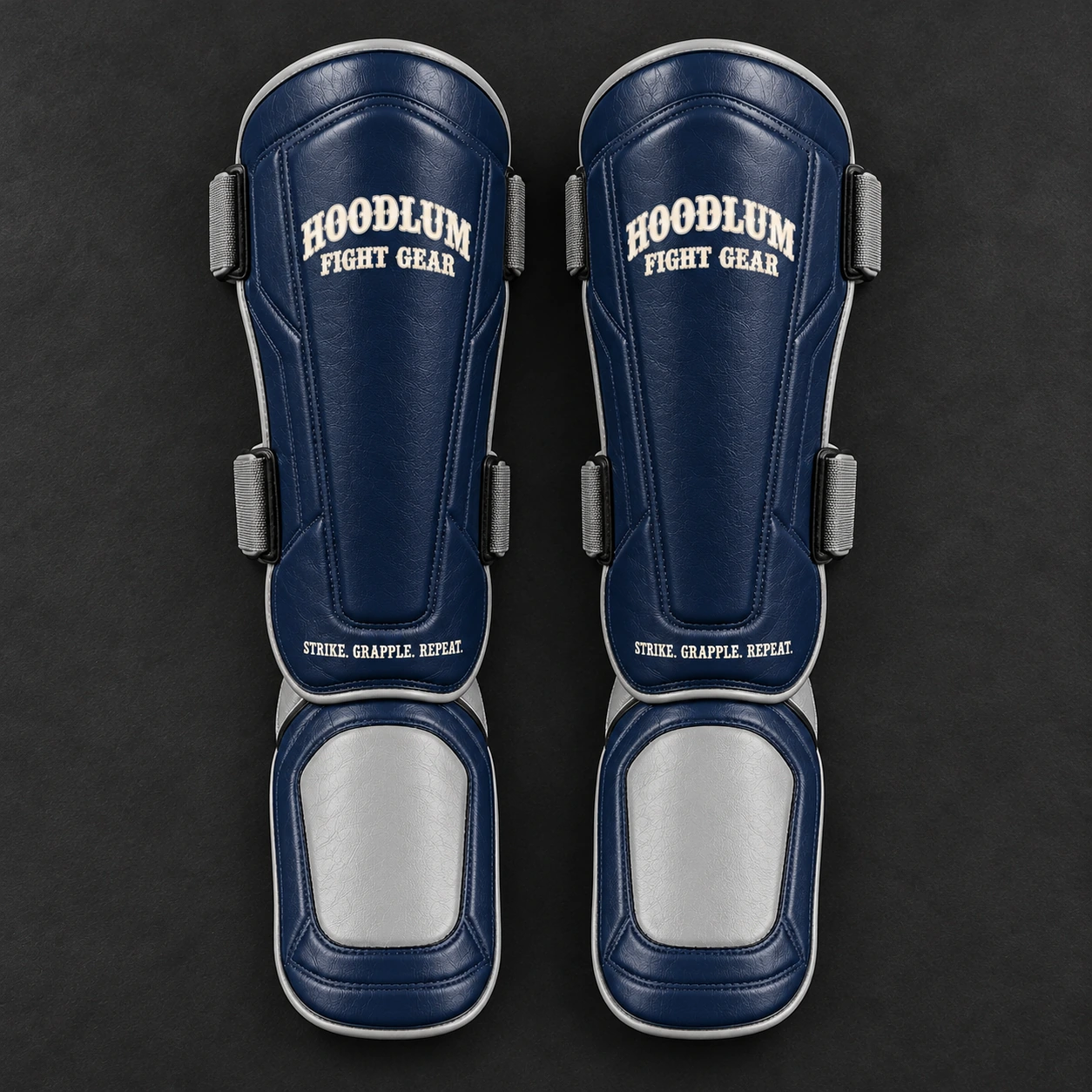 Crimson Shin Guards — Midnight / Ice — Top view (AI demo concept)