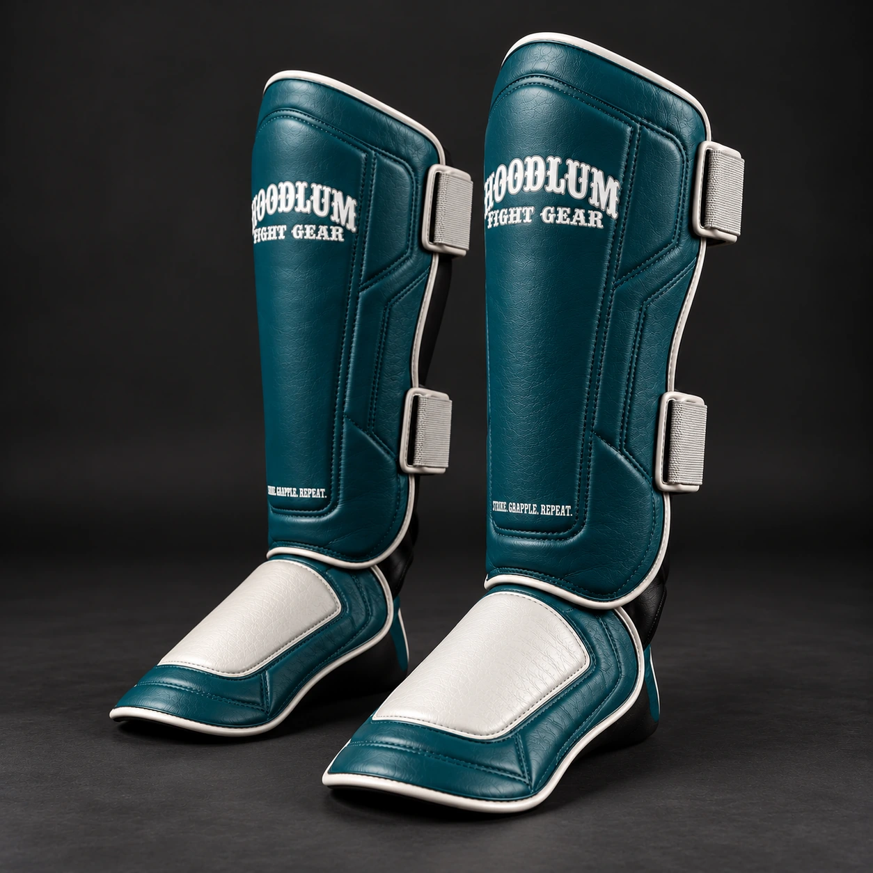 Crimson Shin Guards — Petrol / Chalk — Opposite-side view (AI demo concept)