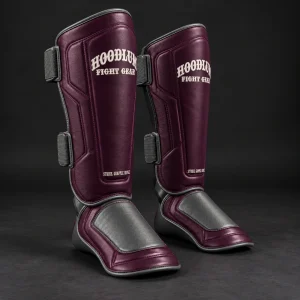 Crimson Shin Guards — Plum / Pewter — Three-quarter view (AI demo concept)