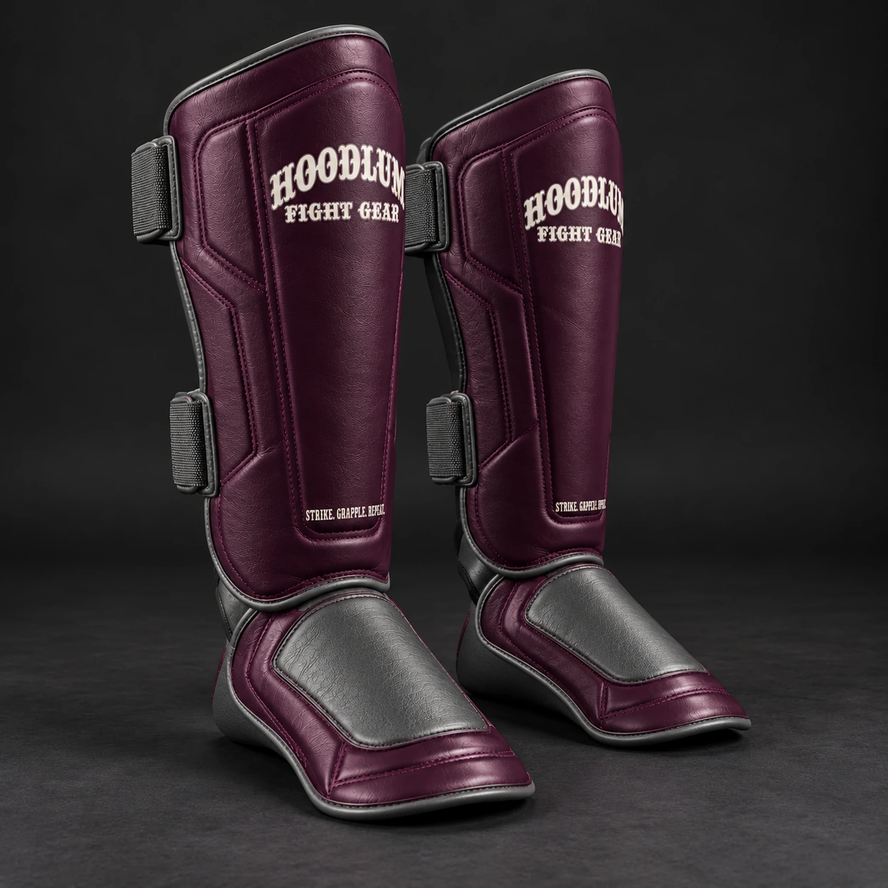 Crimson Shin Guards — Plum / Pewter — Three-quarter view (AI demo concept)
