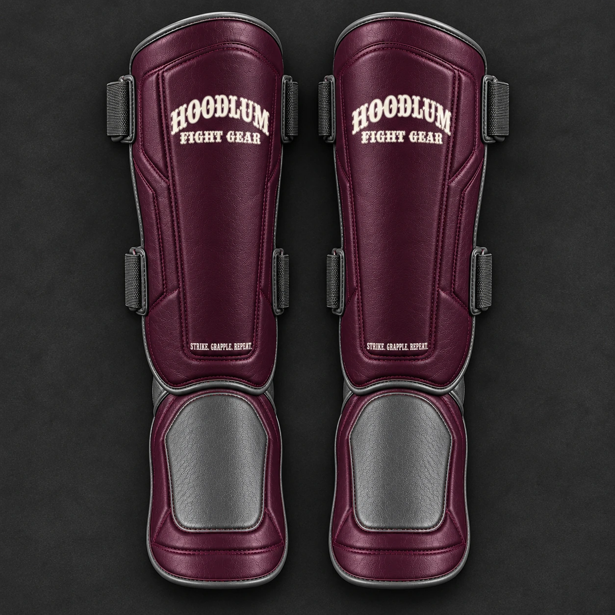 Crimson Shin Guards — Plum / Pewter — Top view (AI demo concept)