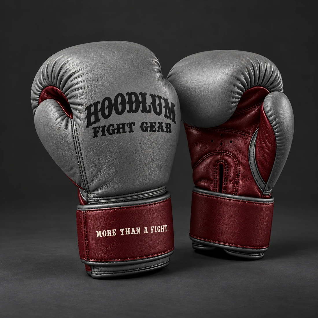Crimson Sparring Gloves — Ash / Burgundy — Three-quarter view (AI demo concept)