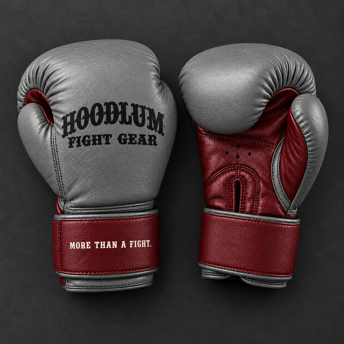 Crimson Sparring Gloves — Ash / Burgundy — Top view (AI demo concept)