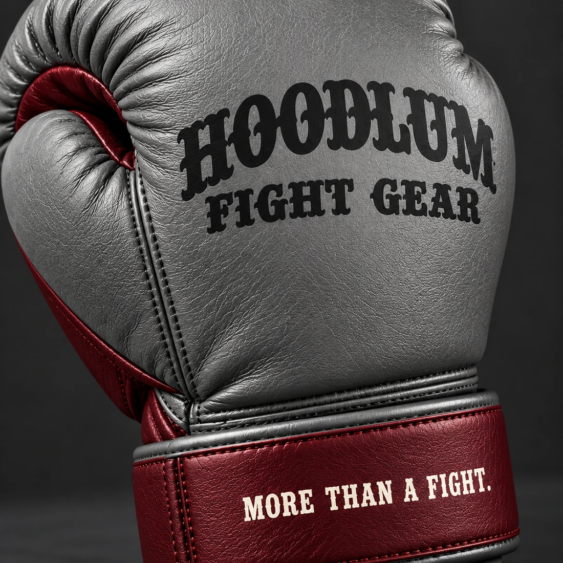Crimson Sparring Gloves — Ash / Burgundy — Branding detail (AI demo concept)