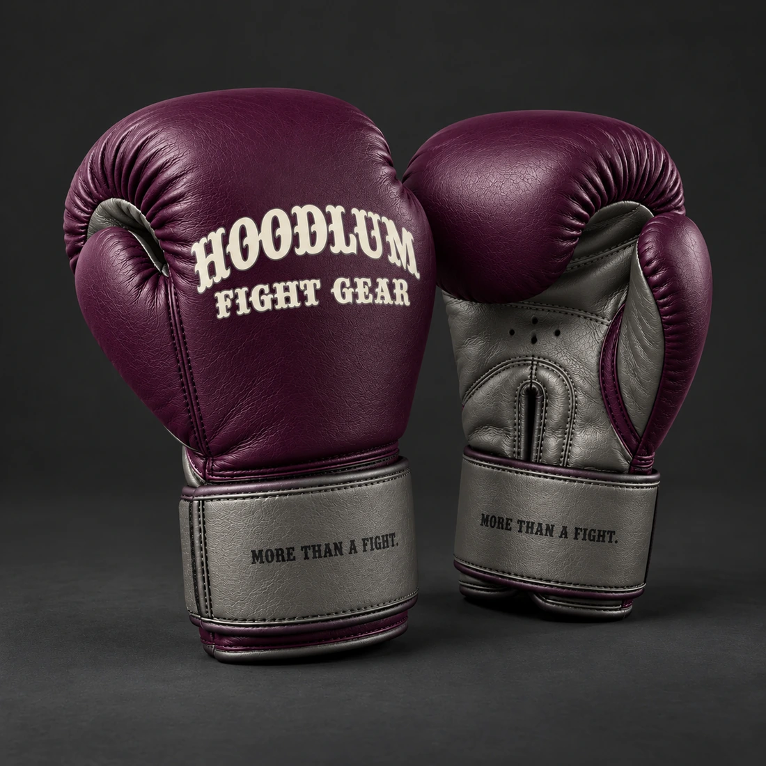 Crimson Sparring Gloves — Plum / Pewter — Three-quarter view (AI demo concept)
