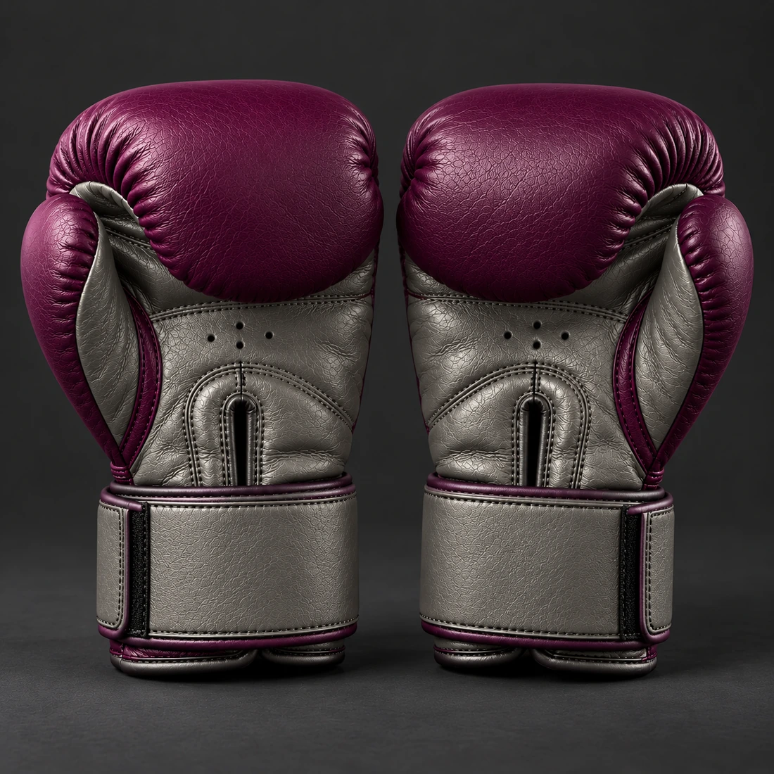Crimson Sparring Gloves — Plum / Pewter — Rear view (AI demo concept)