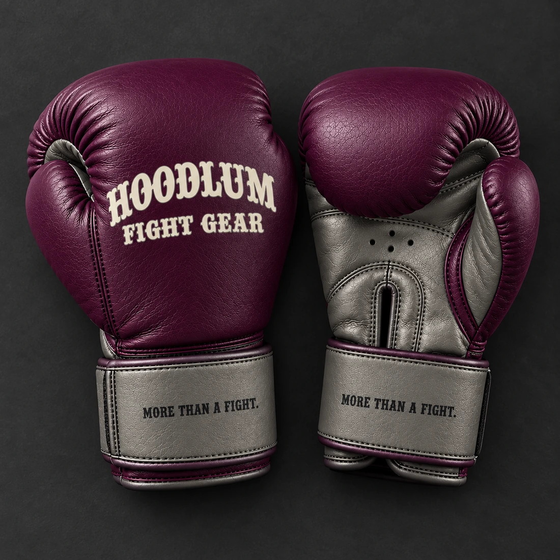 Crimson Sparring Gloves — Plum / Pewter — Top view (AI demo concept)