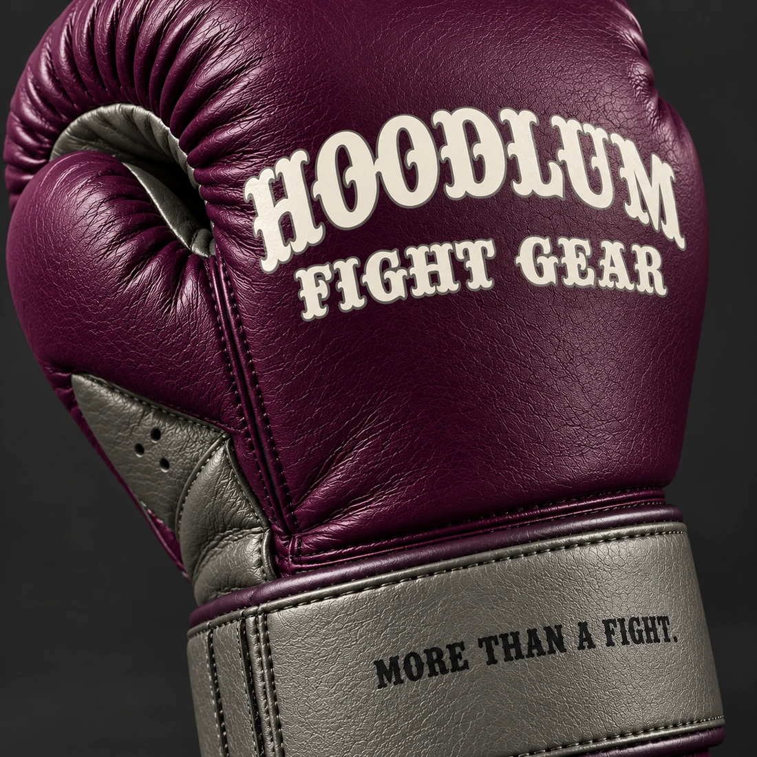 Crimson Sparring Gloves — Plum / Pewter — Branding detail (AI demo concept)