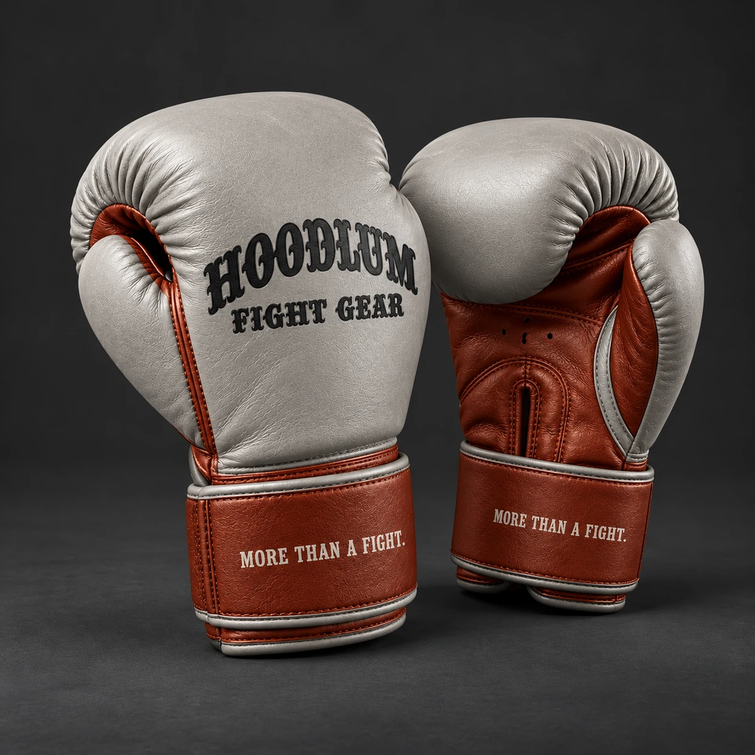 Crimson Sparring Gloves — Stone / Rust — Three-quarter view (AI demo concept)