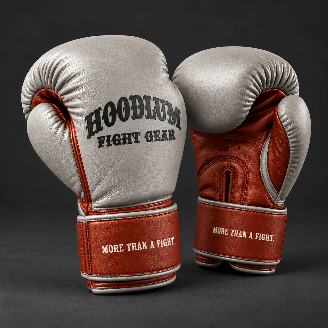 Crimson Sparring Gloves — Stone / Rust — Branding detail (AI demo concept)