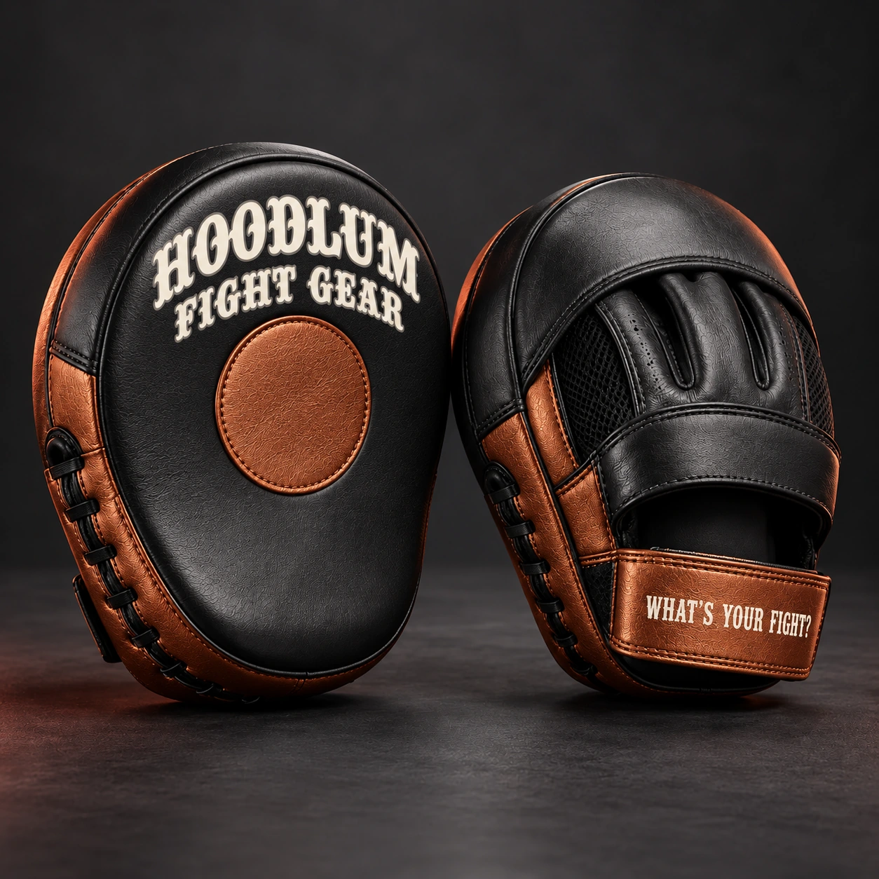 Curved Focus Mitts — Black / Copper — Three-quarter view (AI demo concept)