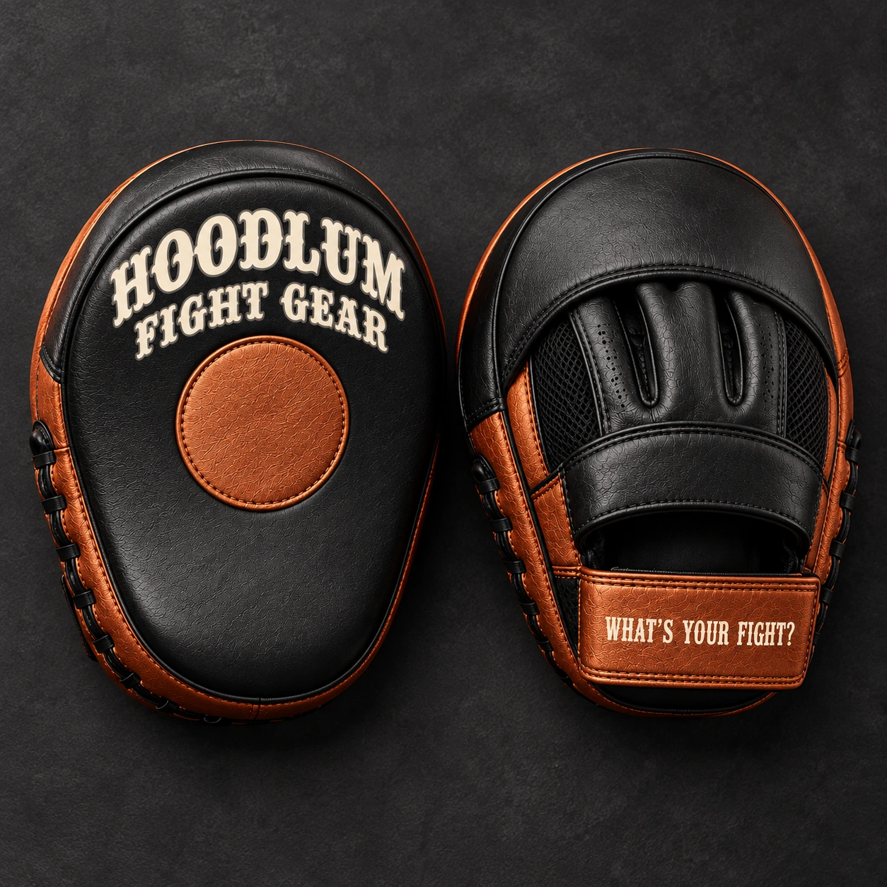 Curved Focus Mitts — Black / Copper — Top view (AI demo concept)