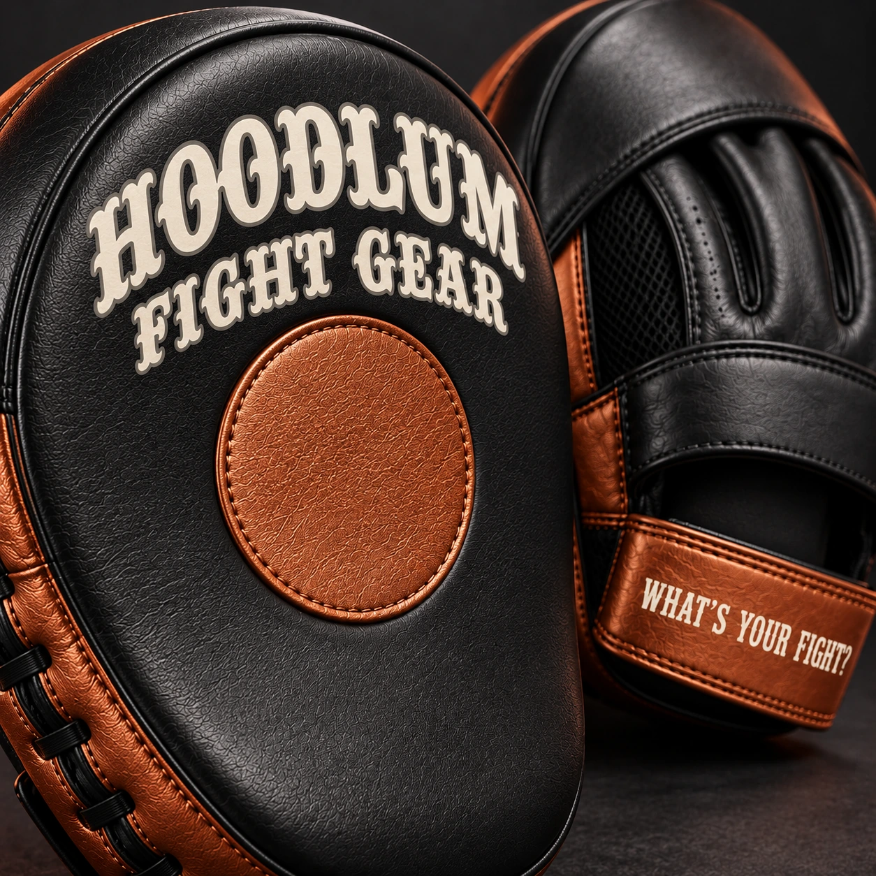 Curved Focus Mitts — Black / Copper — Branding detail (AI demo concept)