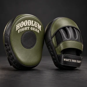 Curved Focus Mitts — Olive / Carbon — Three-quarter view (AI demo concept)