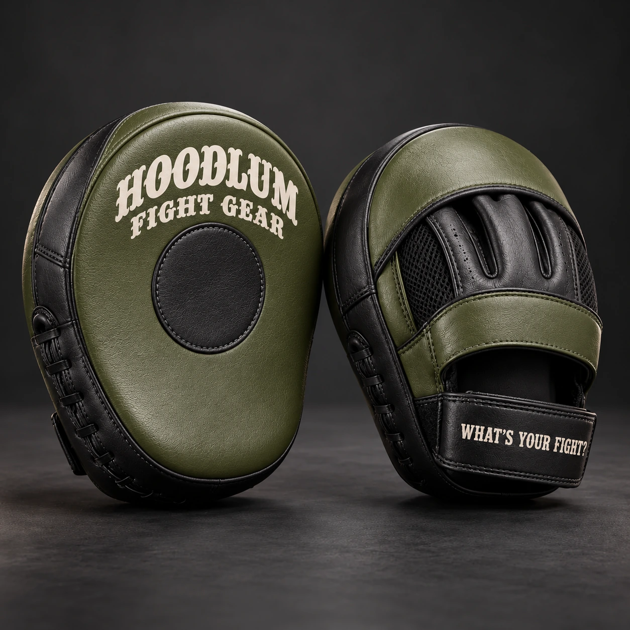 Curved Focus Mitts — Olive / Carbon — Three-quarter view (AI demo concept)