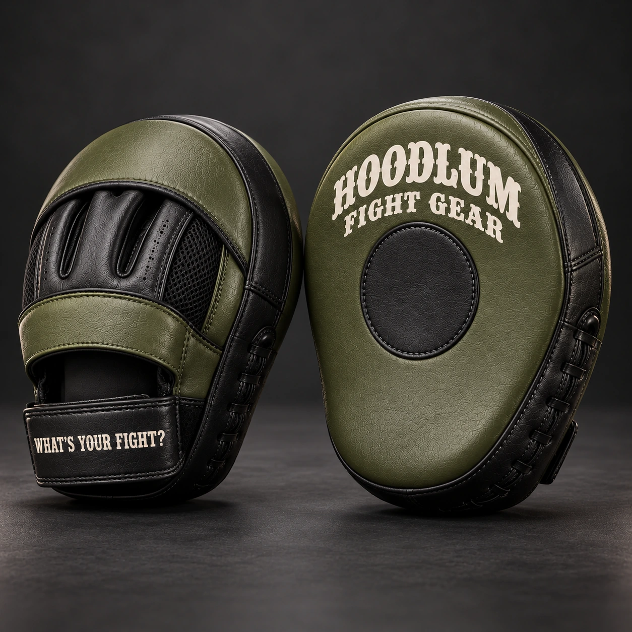 Curved Focus Mitts — Olive / Carbon — Opposite-side view (AI demo concept)