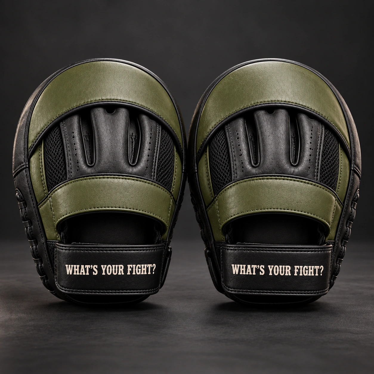 Curved Focus Mitts — Olive / Carbon — Rear view (AI demo concept)