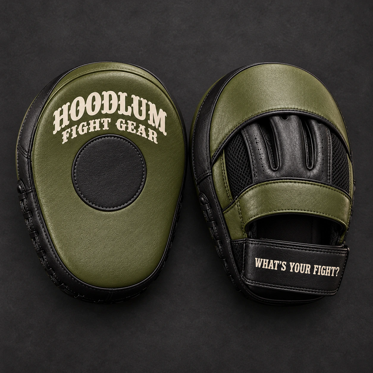Curved Focus Mitts — Olive / Carbon — Top view (AI demo concept)