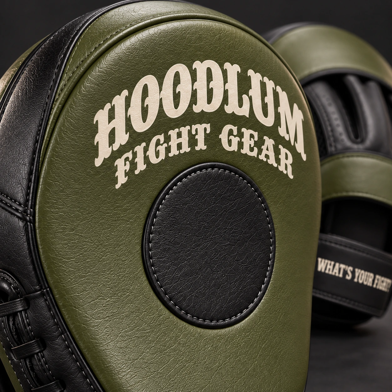 Curved Focus Mitts — Olive / Carbon — Branding detail (AI demo concept)
