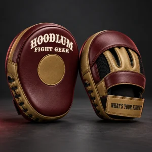Curved Focus Mitts — Oxblood / Brass — Three-quarter view (AI demo concept)