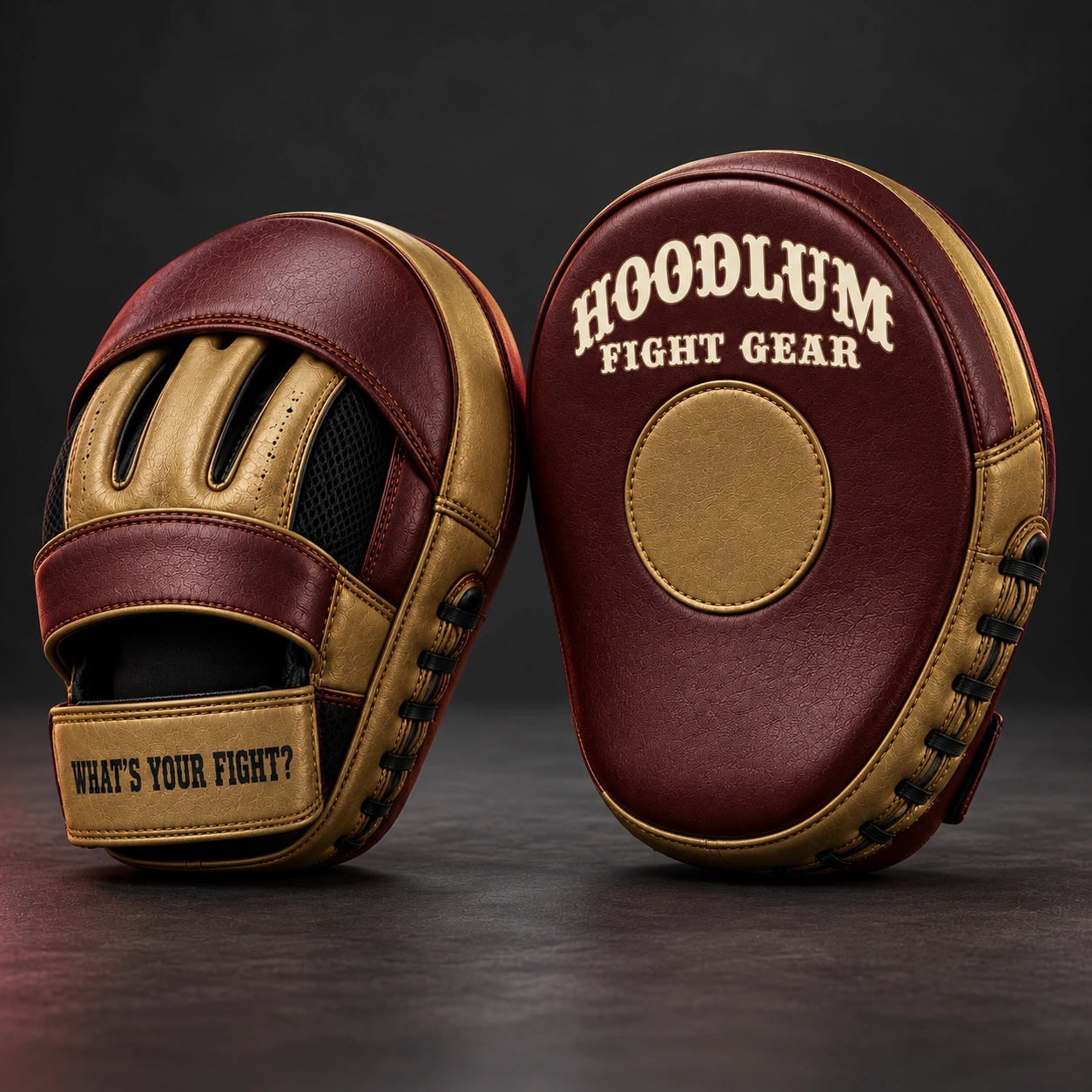 Curved Focus Mitts — Oxblood / Brass — Opposite-side view (AI demo concept)