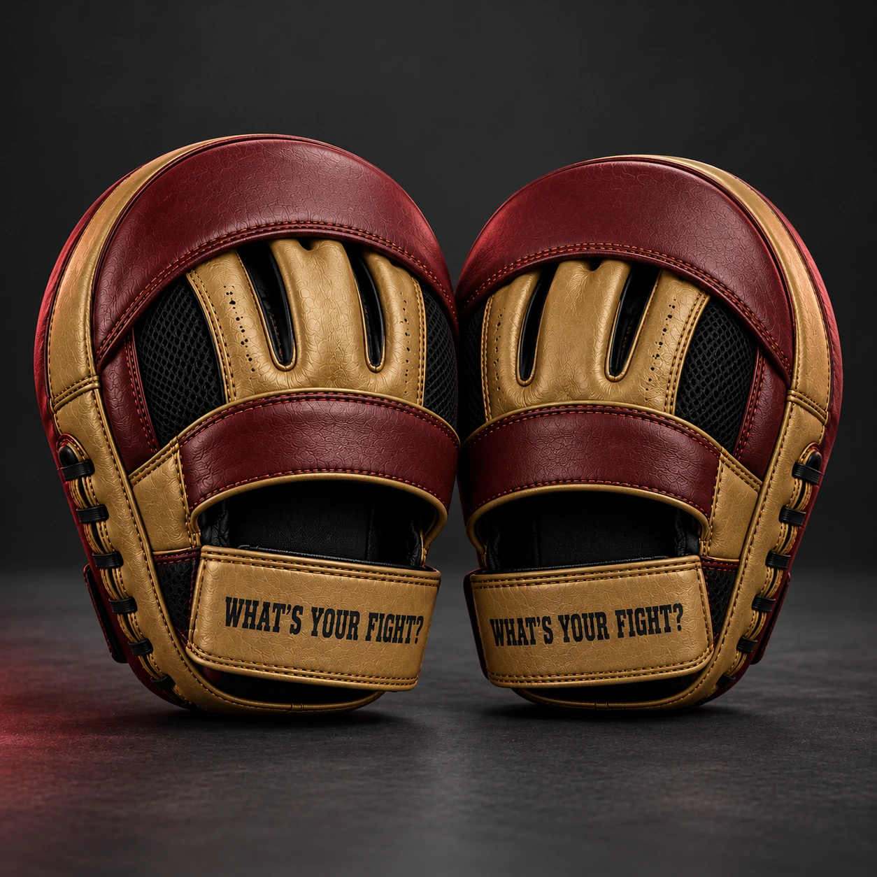 Curved Focus Mitts — Oxblood / Brass — Rear view (AI demo concept)