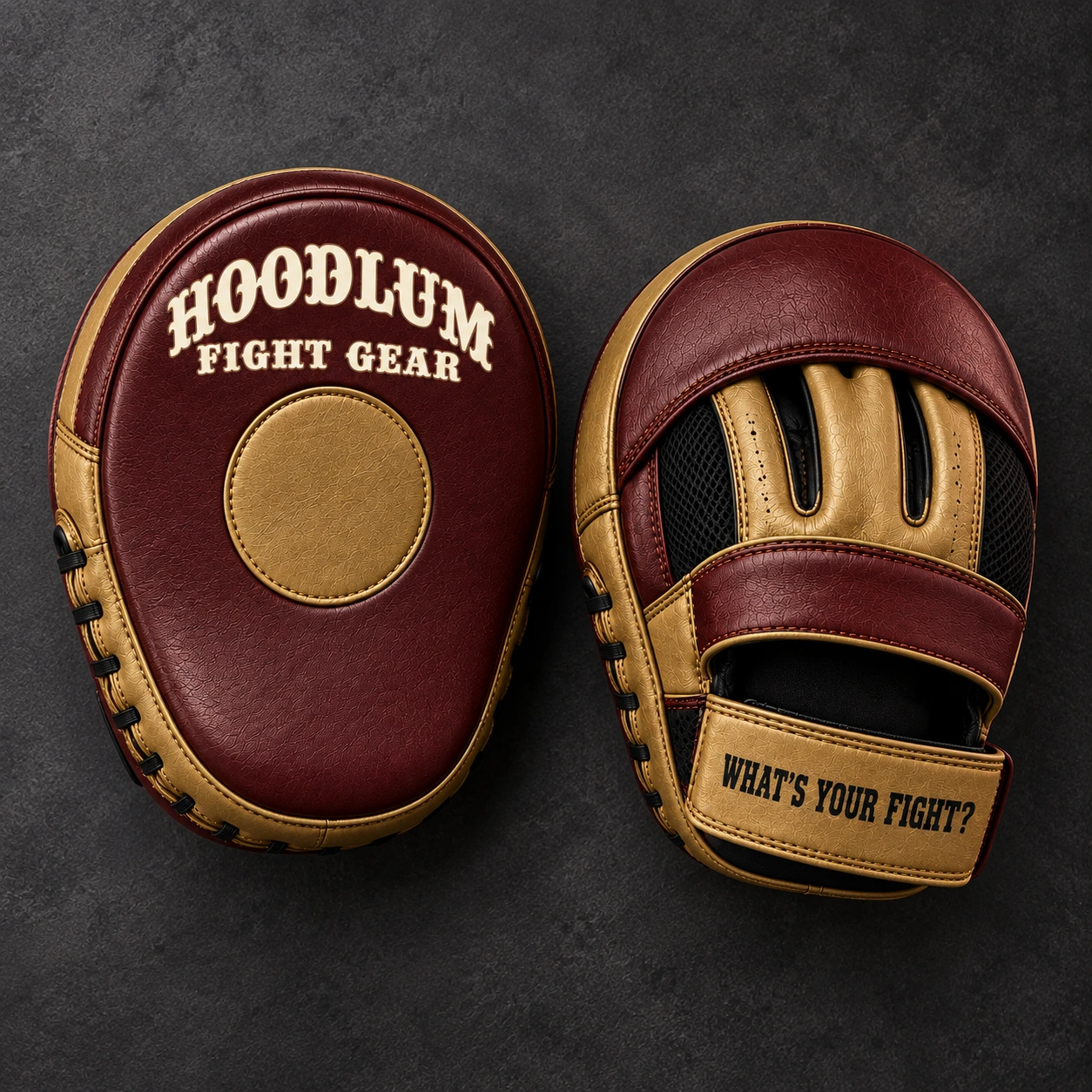 Curved Focus Mitts — Oxblood / Brass — Top view (AI demo concept)