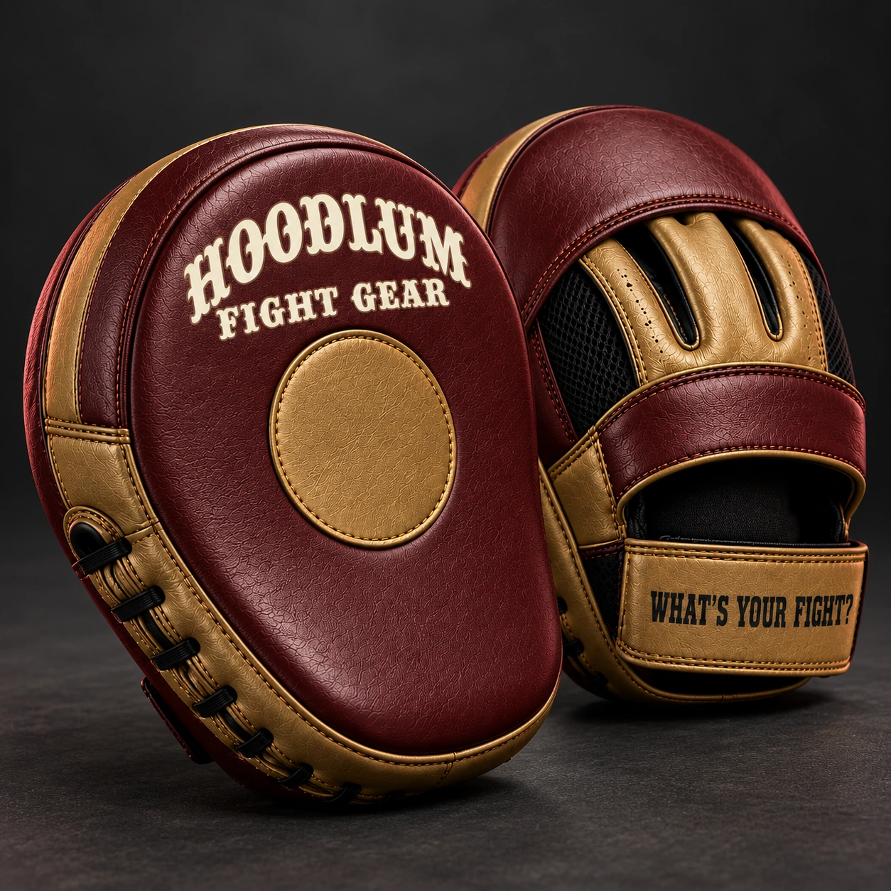 Curved Focus Mitts — Oxblood / Brass — Branding detail (AI demo concept)