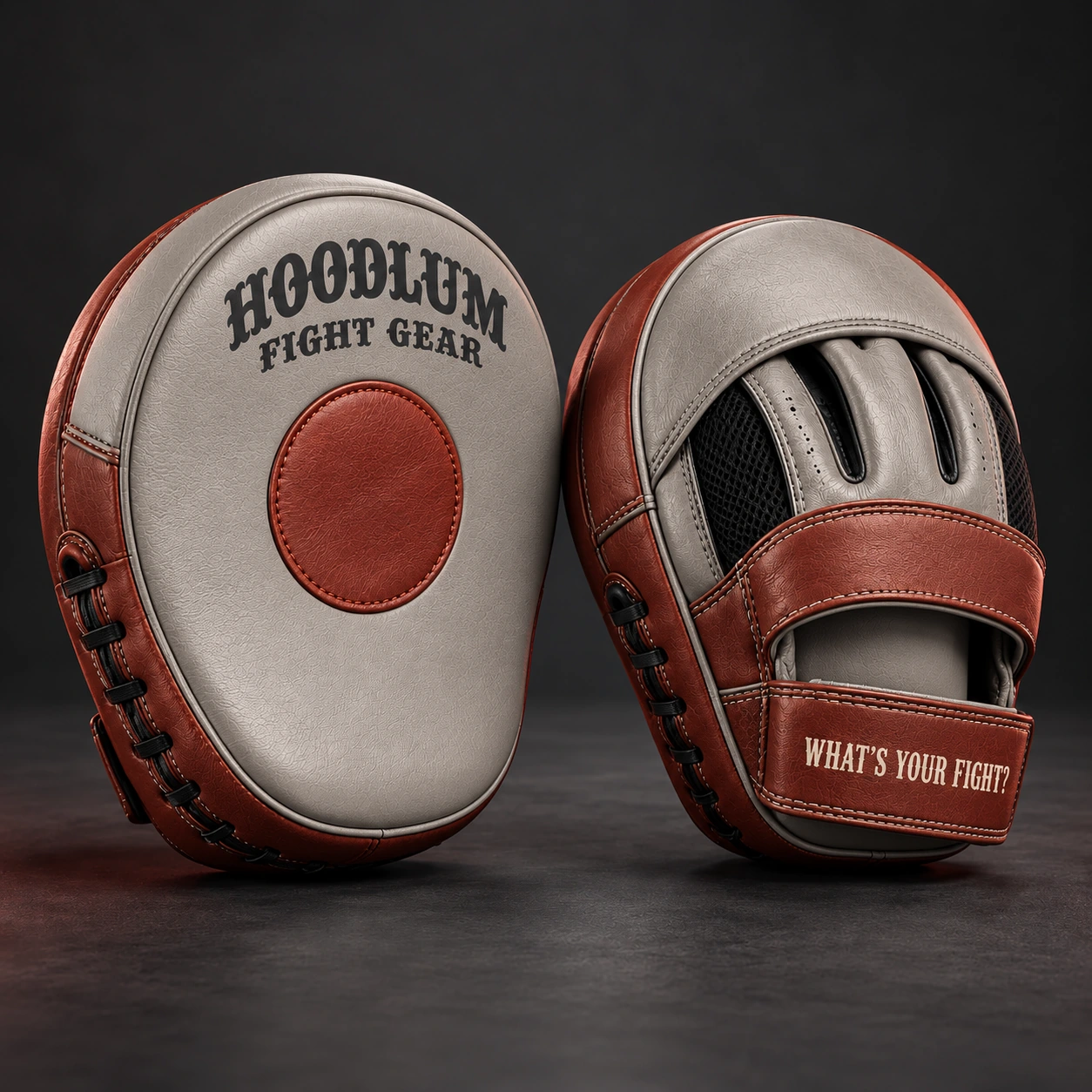 Curved Focus Mitts — Stone / Rust — Three-quarter view (AI demo concept)